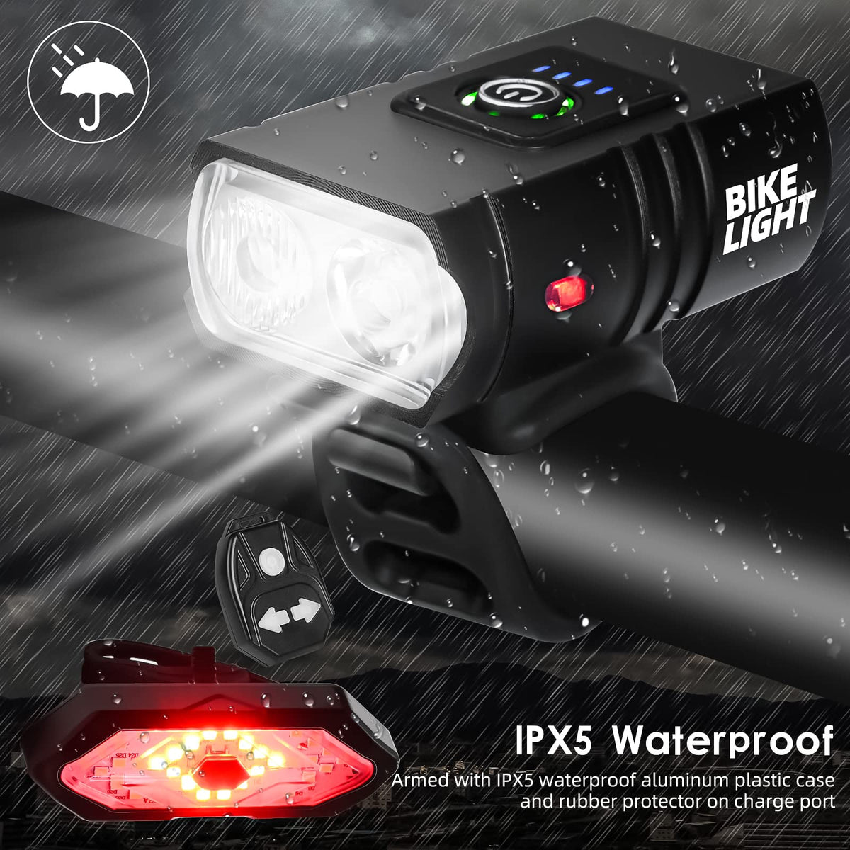 Bicycle Lighting Set - Bicycle Headlight - Rear Light with Turn Signal - USB Rechargeable - Bicycle Lights - LED Lighting - Flashing Light - Waterproof - Wireless Remote Control - MTB Accessories - Road Bike - City Bike - Black - 1 Piece
