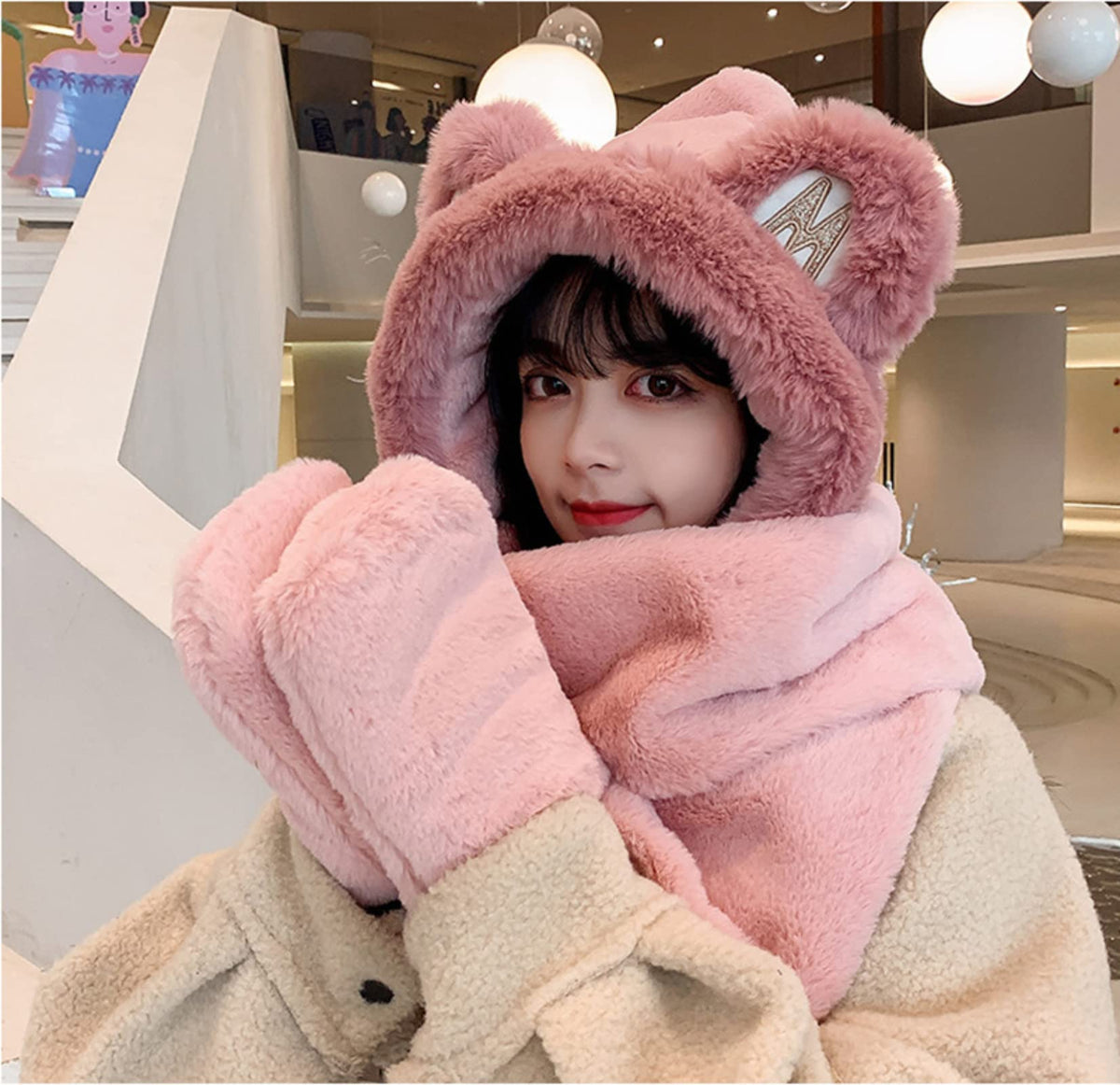 Winter Hat - Scarf - Mittens - 3 in 1 Set - Teddy Hat - Women's Winter Hat - Girls' Hat - Plush Hat - Hat with Ears - Warm Winter Set - Bear Hat - Soft Scarf - Hooded Hat - Fleece Hat - Gift for Women - Pink - One Size - Fluffy Hat - 1 Piece