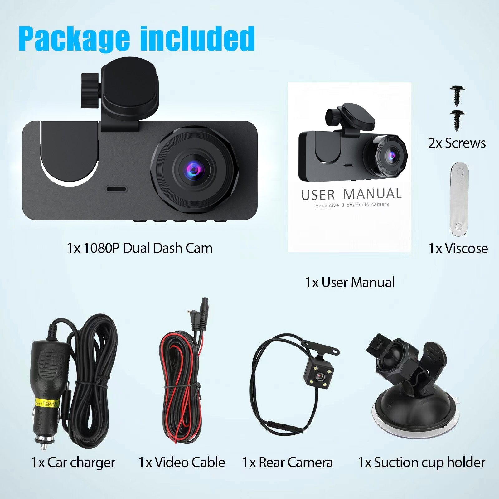 Car Dashcam - 120-degree viewing angle - Night vision - Full HD video - Super compact - Parking mode - Loop recording - Collision detection - Rear view camera - 3.0-inch TNT screen - Car Dashcam