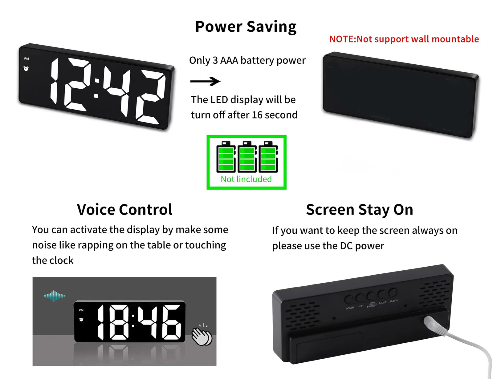 Alarm Clock for Children - Digital Alarm Clock - Time Memory - Voice Control - Adjustable Brightness - LED Mirror Display - with Type-C Interface - 12/24 Hour Display - Perfect for Deep Sleepers - Black