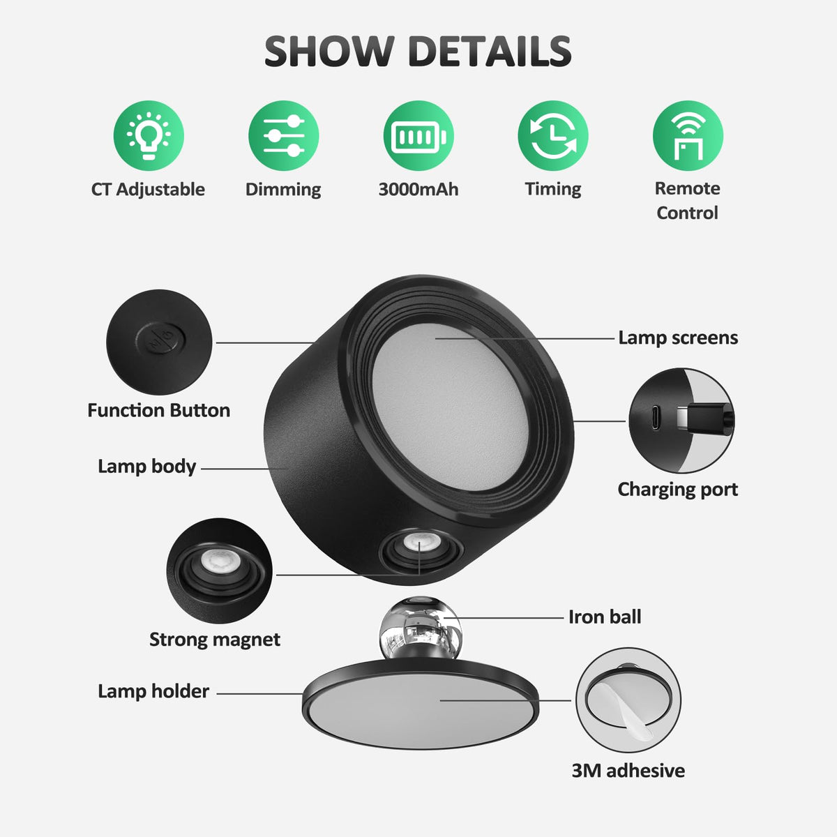 Night Light - Table Lamp - Bedside Lamp - Mood Lamp - Wireless Table Lamp - Rechargeable Lamp - LED Night Lamp - Touch Lamp - Dimmable Lamp - Desk Lamp - Mood Lighting - Portable Lamp - Bedroom Lamp - Modern Design - USB Rechargeable - Black - 1 Piece