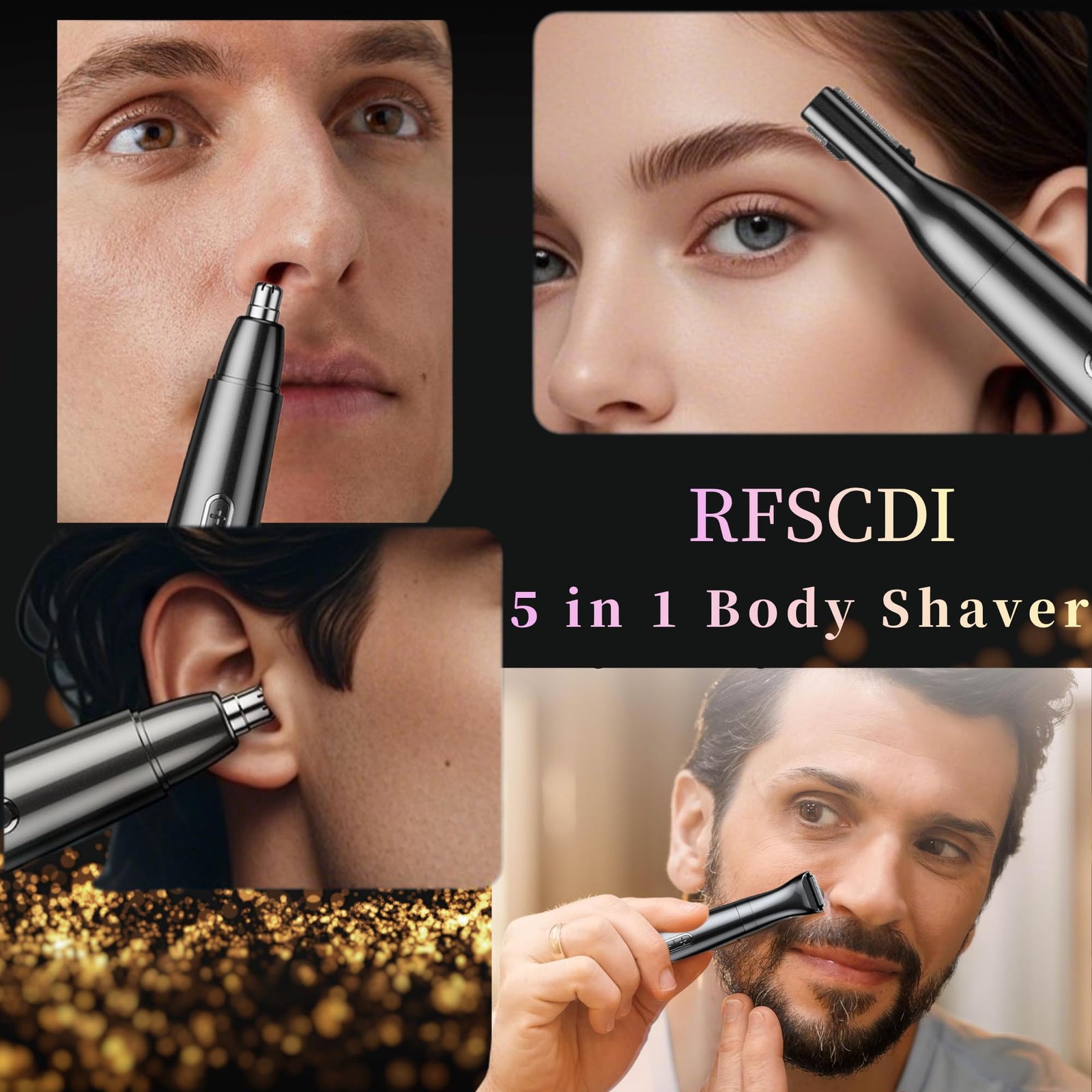 Nose Trimmer - 5-in-1 Rechargeable - Nose & Ear Hair Trimmer - IPX7 Waterproof - Two-Blade Trimming Set, Unisex, for Nose, Eyebrow, Beard, Bikini Line & Facial Hair Removal (Black)