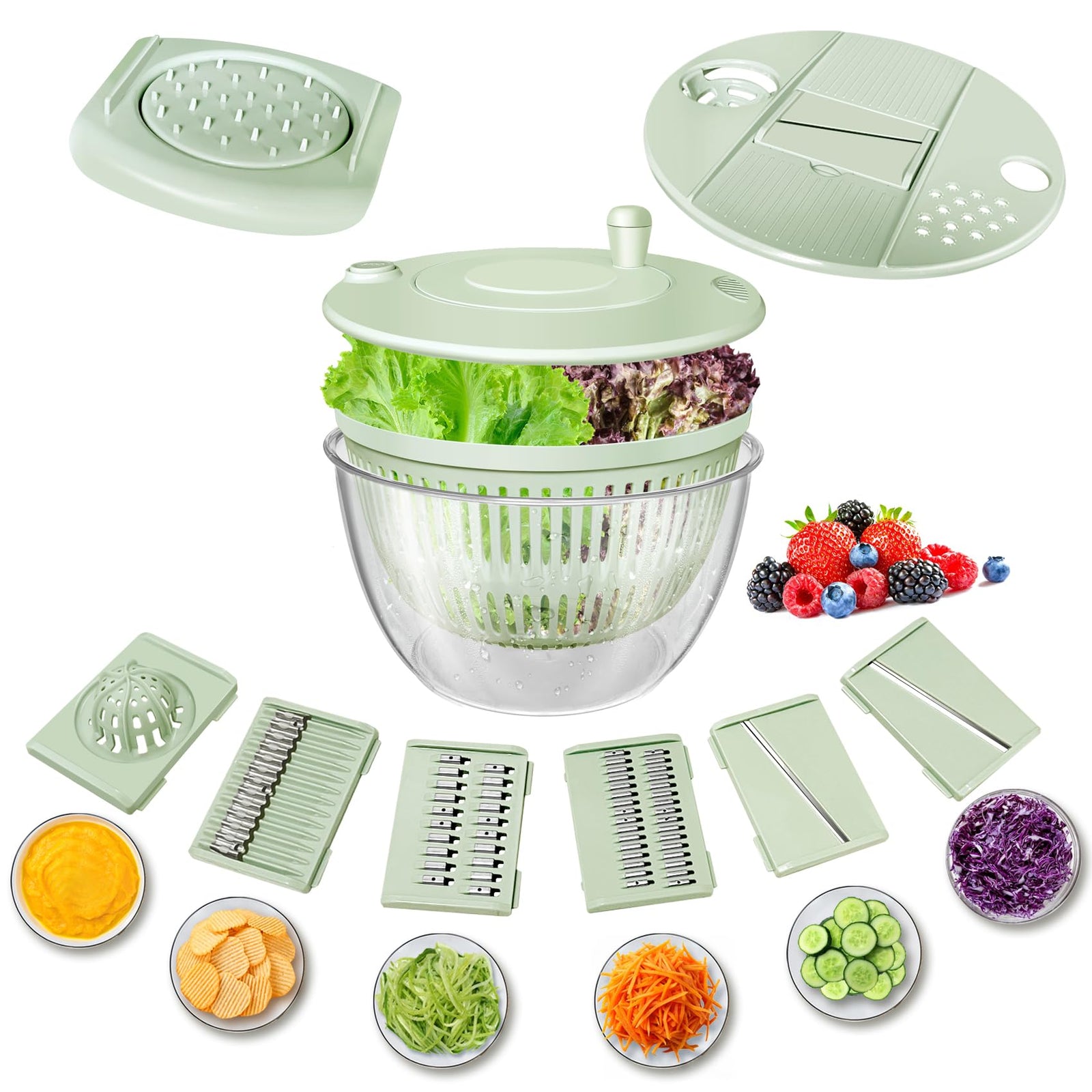 Vegetable Slicer - Salad Spinner - Mandoline - Salad Spinner - Multifunctional Vegetable Slicer - Vegetable Cutter Set - Grater - Kitchen Aid - Kitchen Utensil - Julienne Slicer - Vegetable Grater - Kitchen Gadget - Shredder - Mint Green - Lettuce Slicer
