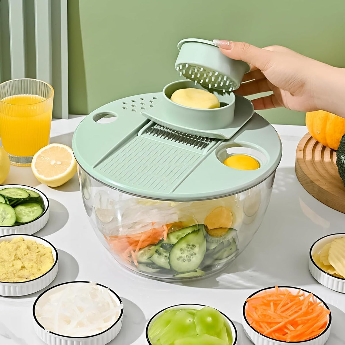 Vegetable Slicer - Salad Spinner - Mandoline - Salad Spinner - Multifunctional Vegetable Slicer - Vegetable Cutter Set - Grater - Kitchen Aid - Kitchen Utensil - Julienne Slicer - Vegetable Grater - Kitchen Gadget - Shredder - Mint Green - Lettuce Slicer