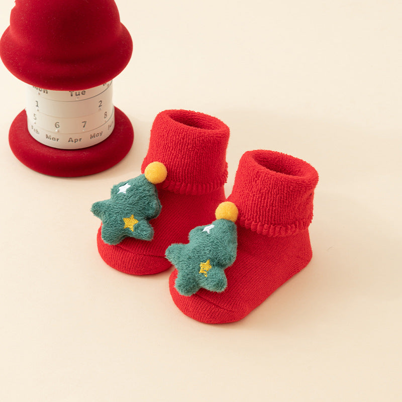 Baby Christmas Socks - Non-Slip Baby Socks - Warm House Socks - First Christmas - Santa Claus - Reindeer - Christmas Tree - Christmas Boots - Winter Booties - Maternity Gift - Christmas Clothes - Cotton Socks - Non-Slip Sole - Christmas Gift - Red Mix - 6