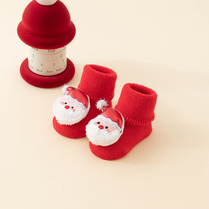 Baby Christmas Socks - Non-Slip Baby Socks - First Christmas - Warm House Socks - Snowman - Reindeer - Christmas Tree - Santa Hat - Christmas Gift - Booties - Winter Clothes - Maternity Gift - 3D Figures - Christmas Outfit - Red Mix - 6 Pairs