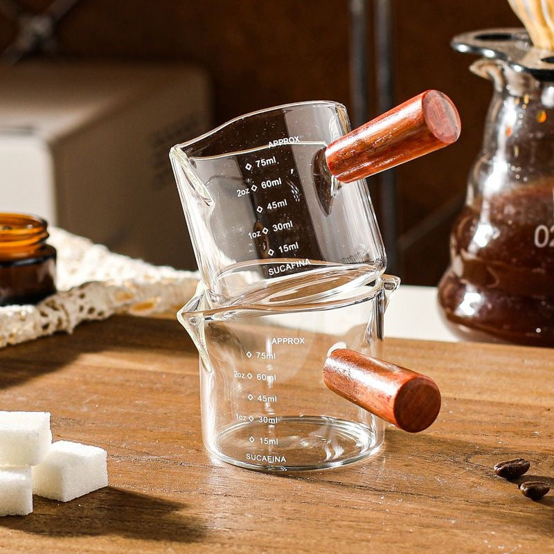 Espresso Measuring Cup - Shot Glass - Milk Jug - Coffee Accessories - Barista Tools - Measuring Cup Glass - Espresso Glasses - Sauce Jug - Measuring Glass - Mini Measuring Cup - Double Spout - Heat Resistant - Wooden Handle - Transparent - 2 Pieces