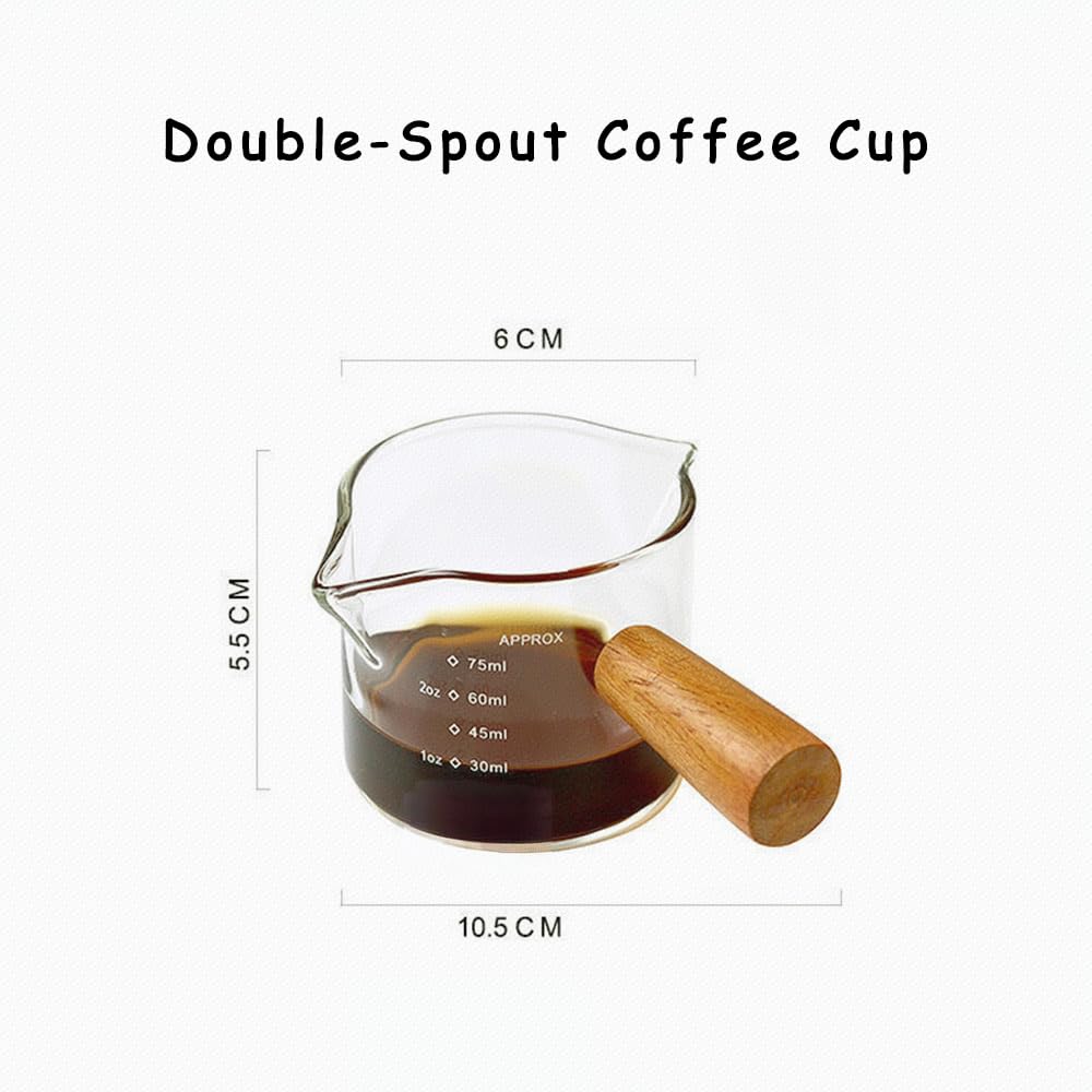 Espresso Measuring Cup - Shot Glass - Milk Jug - Coffee Accessories - Barista Tools - Measuring Cup Glass - Espresso Glasses - Sauce Jug - Measuring Glass - Mini Measuring Cup - Double Spout - Heat Resistant - Wooden Handle - Transparent - 2 Pieces