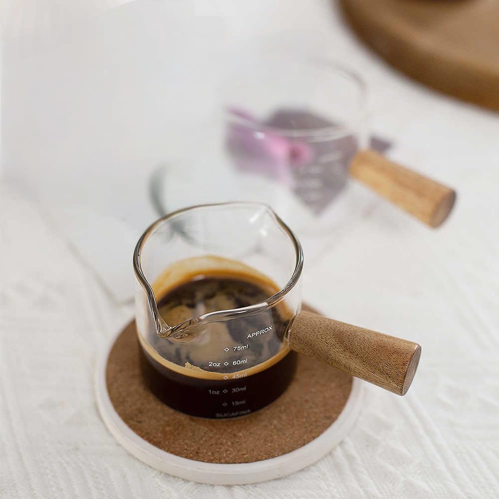 Espresso Measuring Cup - Shot Glass - Milk Jug - Coffee Accessories - Barista Tools - Measuring Cup Glass - Espresso Glasses - Sauce Jug - Measuring Glass - Mini Measuring Cup - Double Spout - Heat Resistant - Wooden Handle - Transparent - 2 Pieces
