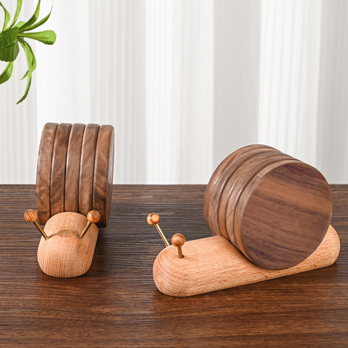 Wooden Coasters - Glass Coasters - Coasters - Coasters with Holder - Table Decoration - Snail - Home Accessories - Glass Coasters - Wooden Decoration - Kitchen Accessories - Design Coasters - Home Gift - Brown - 5 Pieces