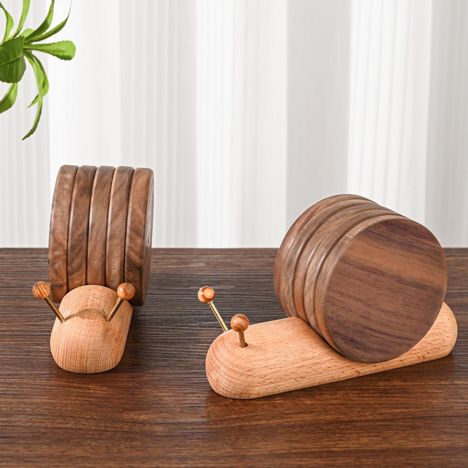 Wooden Coasters - Glass Coasters - Coasters - Coasters with Holder - Table Decoration - Snail - Home Accessories - Glass Coasters - Wooden Decoration - Kitchen Accessories - Design Coasters - Home Gift - Brown - 5 Pieces