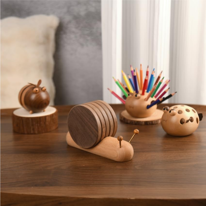 Wooden Coasters - Glass Coasters - Coasters - Coasters with Holder - Table Decoration - Snail - Home Accessories - Glass Coasters - Wooden Decoration - Kitchen Accessories - Design Coasters - Home Gift - Brown - 5 Pieces