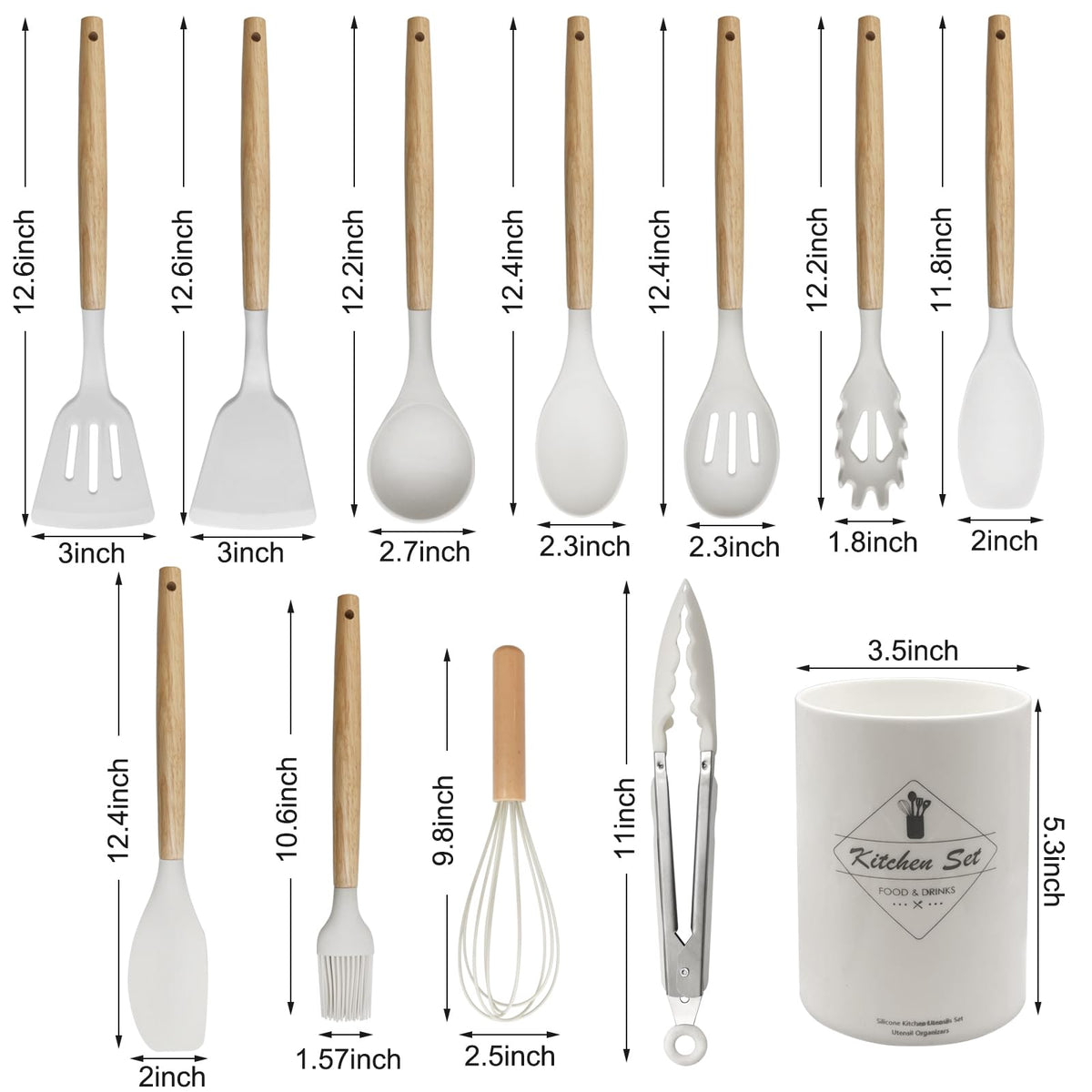 Kitchen Utensil Set - Silicone Spatula Set - Cooking Utensils with Holder - Wooden Spoons - Non-Stick - Pan Scrapers - Heat Resistant - Whisk - Serving Tongs - Baking Utensils - Kitchen Starter Kit - Scratch-Free - White - 12 Pieces