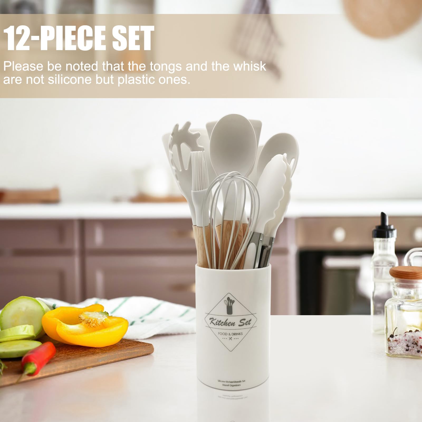 Kitchen Utensil Set - Silicone Spatula Set - Cooking Utensils with Holder - Wooden Spoons - Non-Stick - Pan Scrapers - Heat Resistant - Whisk - Serving Tongs - Baking Utensils - Kitchen Starter Kit - Scratch-Free - White - 12 Pieces