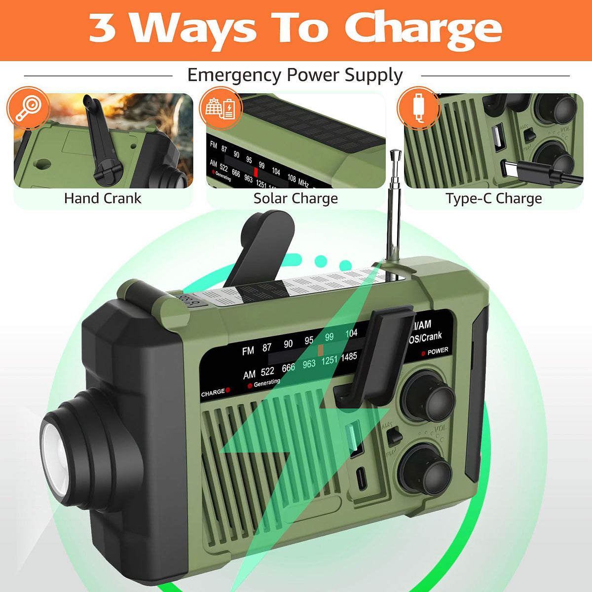 Wind-up Radio - Solar Radio - World Receiver - Portable Radio - Flashlight with Dynamo - Powerbank Function - Camping Radio - Outdoor Gadgets - Rechargeable Flashlight - USB Charger - FM AM Receiver - Hiking - Green - 1 Piece