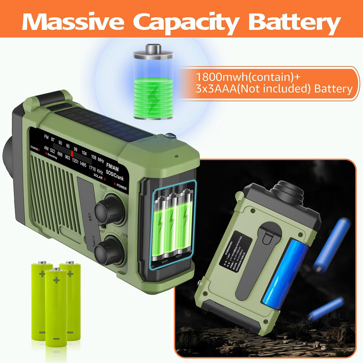 Wind-up Radio - Solar Radio - World Receiver - Portable Radio - Flashlight with Dynamo - Powerbank Function - Camping Radio - Outdoor Gadgets - Rechargeable Flashlight - USB Charger - FM AM Receiver - Hiking - Green - 1 Piece