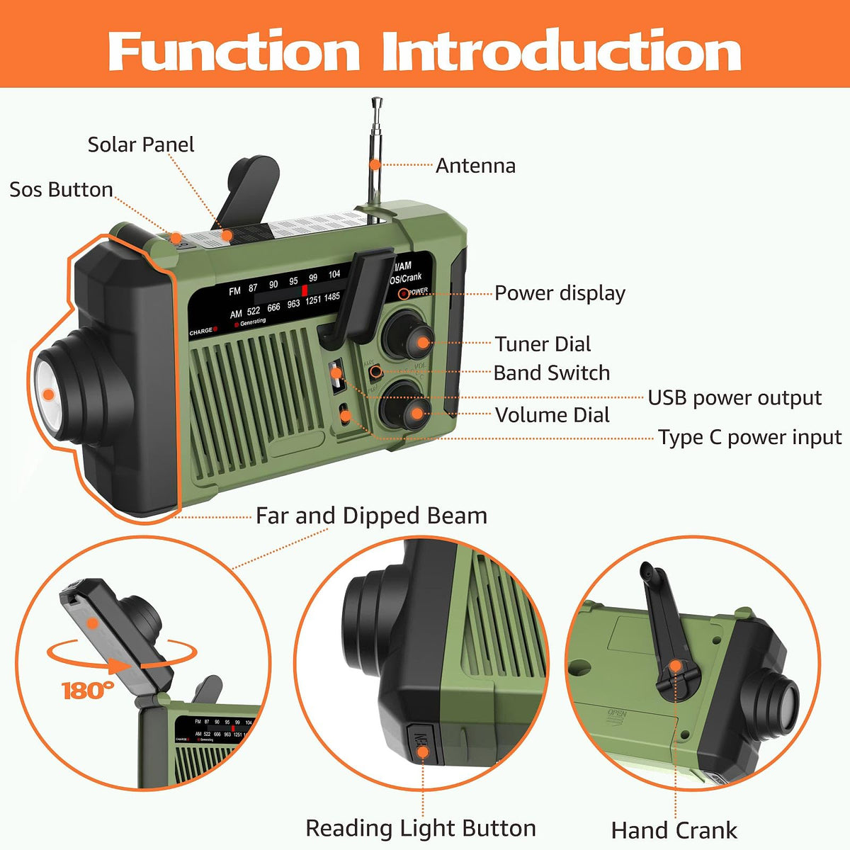 Wind-up Radio - Solar Radio - World Receiver - Portable Radio - Flashlight with Dynamo - Powerbank Function - Camping Radio - Outdoor Gadgets - Rechargeable Flashlight - USB Charger - FM AM Receiver - Hiking - Green - 1 Piece