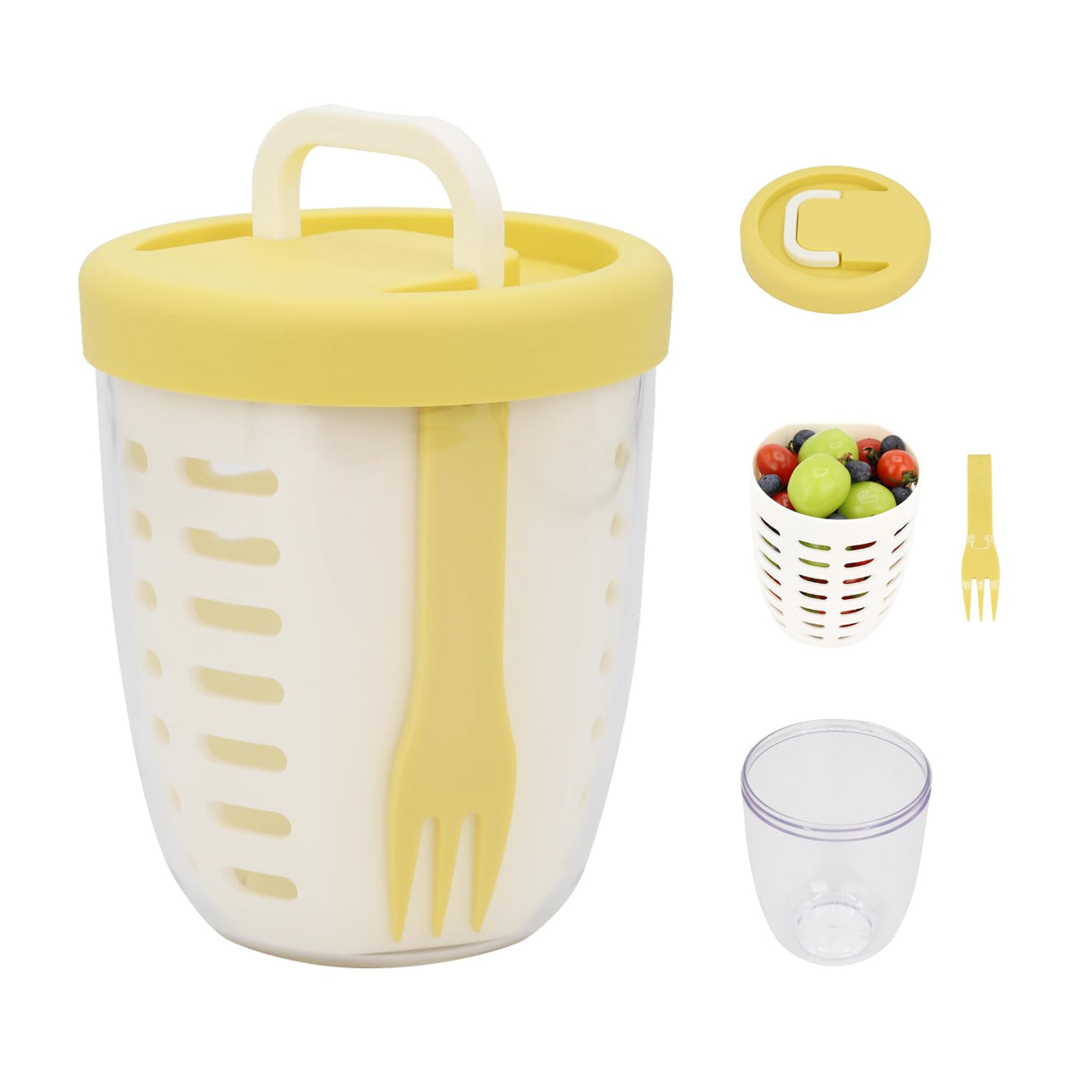 Fruit bowl to go - Lunch cup with fork - Yogurt cup - Salad cup - Storage container with colander - Snack box - School cup - Fruit pot - Take-away cup - On the road - Picnic - Kitchen accessories - Yellow - 1 piece