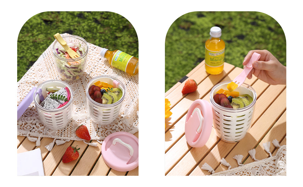 Fruit bowl to go - Lunch cup with fork - Yogurt cup - Salad cup - Storage container with colander - Snack box - School cup - Fruit pot - Take-away cup - On the road - Picnic - Kitchen accessories - Yellow - 1 piece