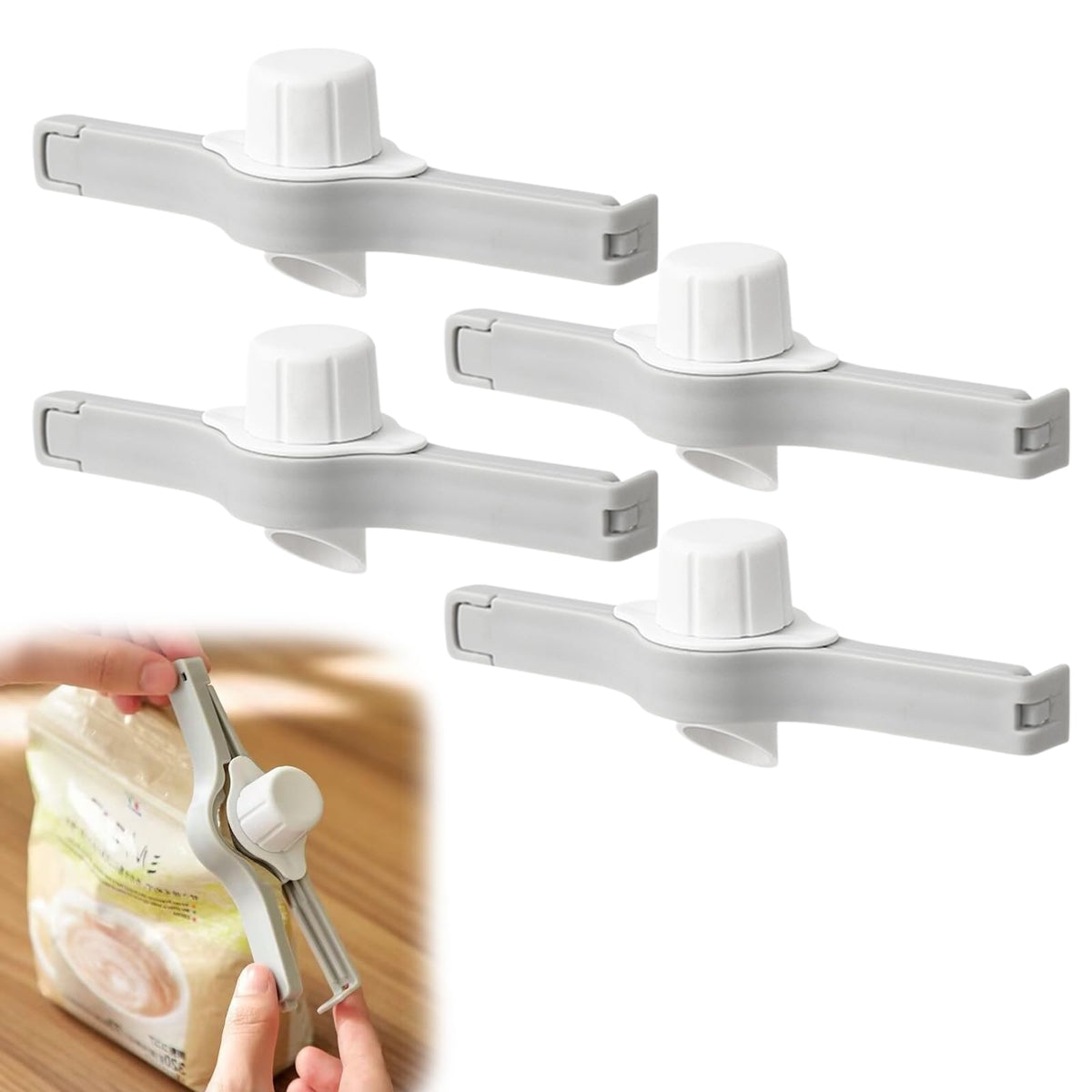 Spout Clips - Food Clips - Bag Closers - Kitchen Accessories - Bag Clips - Food Keepers - Clip with Cap - Airtight Storage - Coffee Clip - Pantry Organizer - Dosing Aid - Gray - Pack of 4