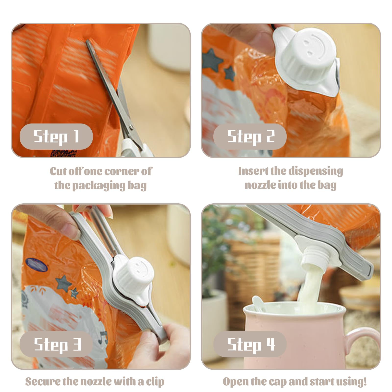 Spout Clips - Food Clips - Bag Closers - Kitchen Accessories - Bag Clips - Food Keepers - Clip with Cap - Airtight Storage - Coffee Clip - Pantry Organizer - Dosing Aid - Gray - Pack of 4