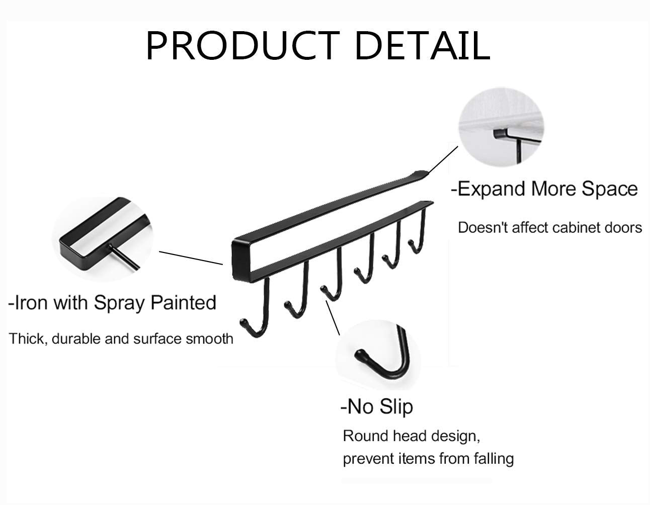 Mug Holder - Hanging Kitchen Rack - Kitchen Organizer - No Drilling Required - Utensil Holder - Cupboard Organizer - Cup Holder - Spatula Holder - Storage Rack - Wardrobe Accessories - Space Saving - Black - 2 Pieces