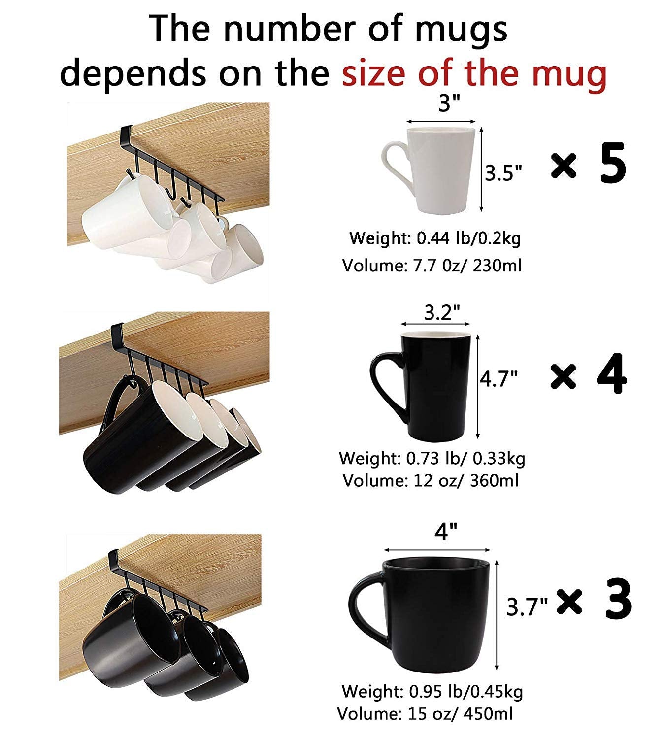 Mug Holder - Hanging Kitchen Rack - Kitchen Organizer - No Drilling Required - Utensil Holder - Cupboard Organizer - Cup Holder - Spatula Holder - Storage Rack - Wardrobe Accessories - Space Saving - Black - 2 Pieces