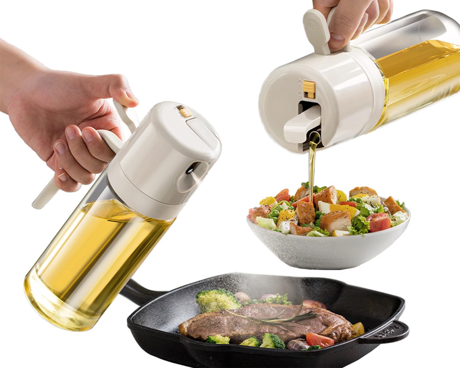 Oil Sprayer - Olive Oil Bottle - Oil Dispenser - 2 in 1 Spray and Pour - Oil Atomizer - Oil Can with Handle - Airfryer Accessories - Kitchen Gadget - Pouring Bottle - Vinegar Bottle - Dressing Shaker - Glass - Anti-Leak - White - 1 Piece
