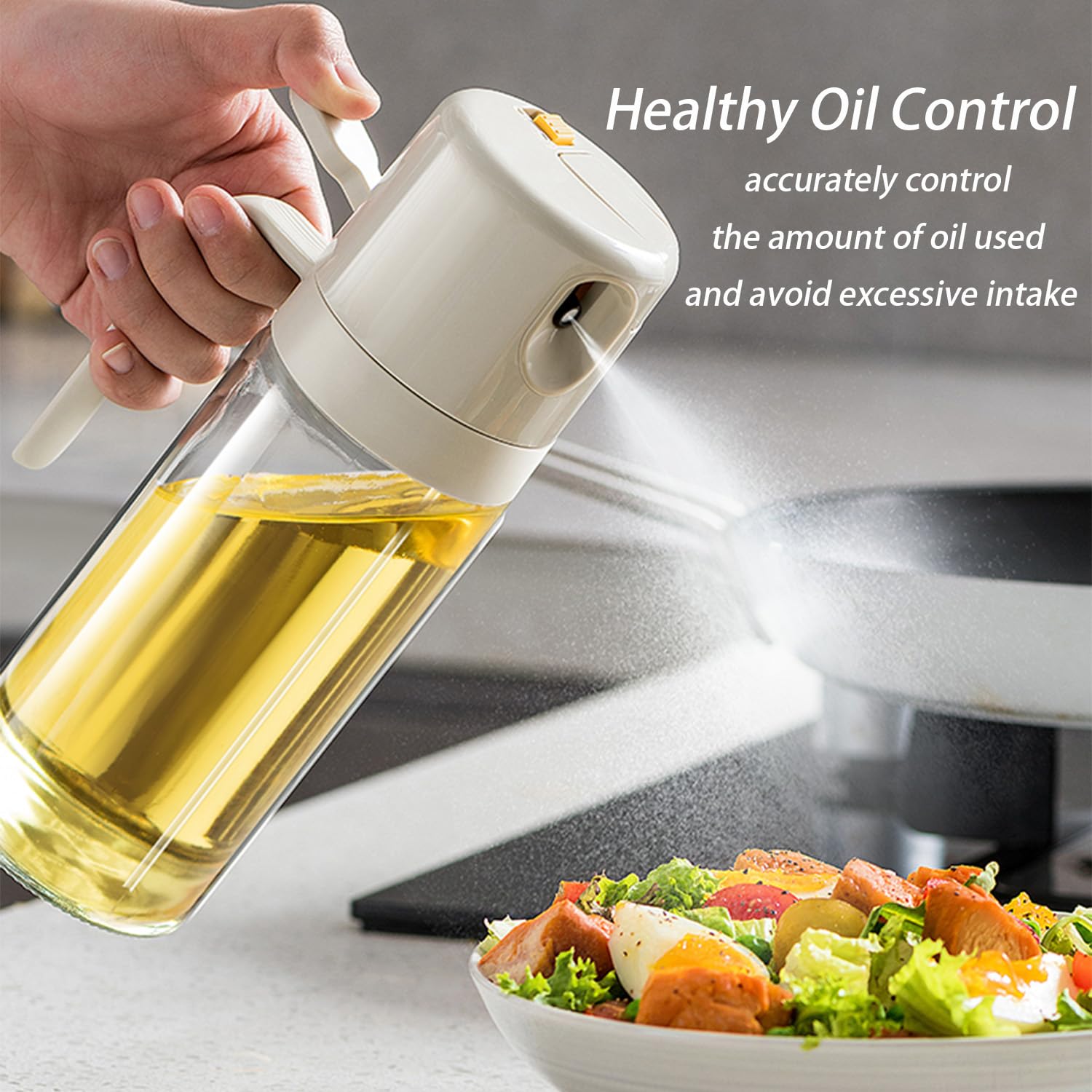 Oil Sprayer - Olive Oil Bottle - Oil Dispenser - 2 in 1 Spray and Pour - Oil Atomizer - Oil Can with Handle - Airfryer Accessories - Kitchen Gadget - Pouring Bottle - Vinegar Bottle - Dressing Shaker - Glass - Anti-Leak - White - 1 Piece