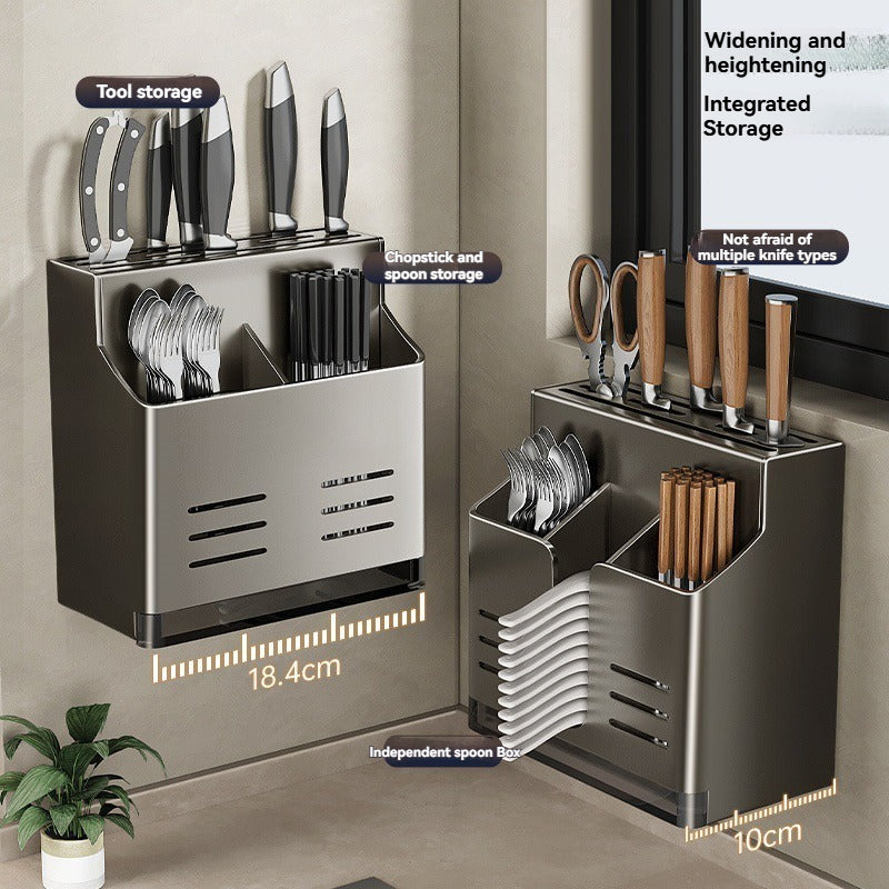 Knife Block Without Drilling - Cutlery Holder - Kitchen Organizer Countertop - Universal Knife Holder - Kitchen Utensil Holder - Spoon Holder - Wall Rack Kitchen - Cutlery Drainer - Cutlery Tray - Standing or Hanging - Storage System - Dark Gray - 1 Piece