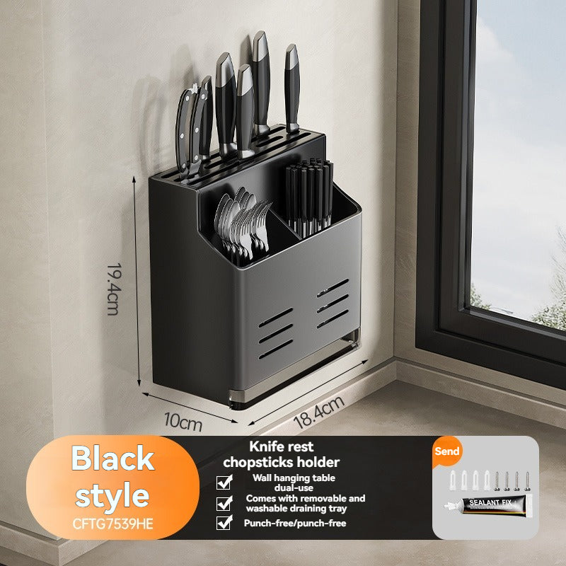 Knife Block Without Drilling - Cutlery Holder - Kitchen Organizer Countertop - Universal Knife Holder - Kitchen Utensil Holder - Spoon Holder - Wall Rack Kitchen - Cutlery Drainer - Cutlery Tray - Standing or Hanging - Storage System - Dark Gray - 1 Piece
