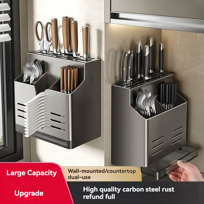 Knife Block Without Drilling - Cutlery Holder - Kitchen Organizer Countertop - Universal Knife Holder - Kitchen Utensil Holder - Spoon Holder - Wall Rack Kitchen - Cutlery Drainer - Cutlery Tray - Standing or Hanging - Storage System - Dark Gray - 1 Piece