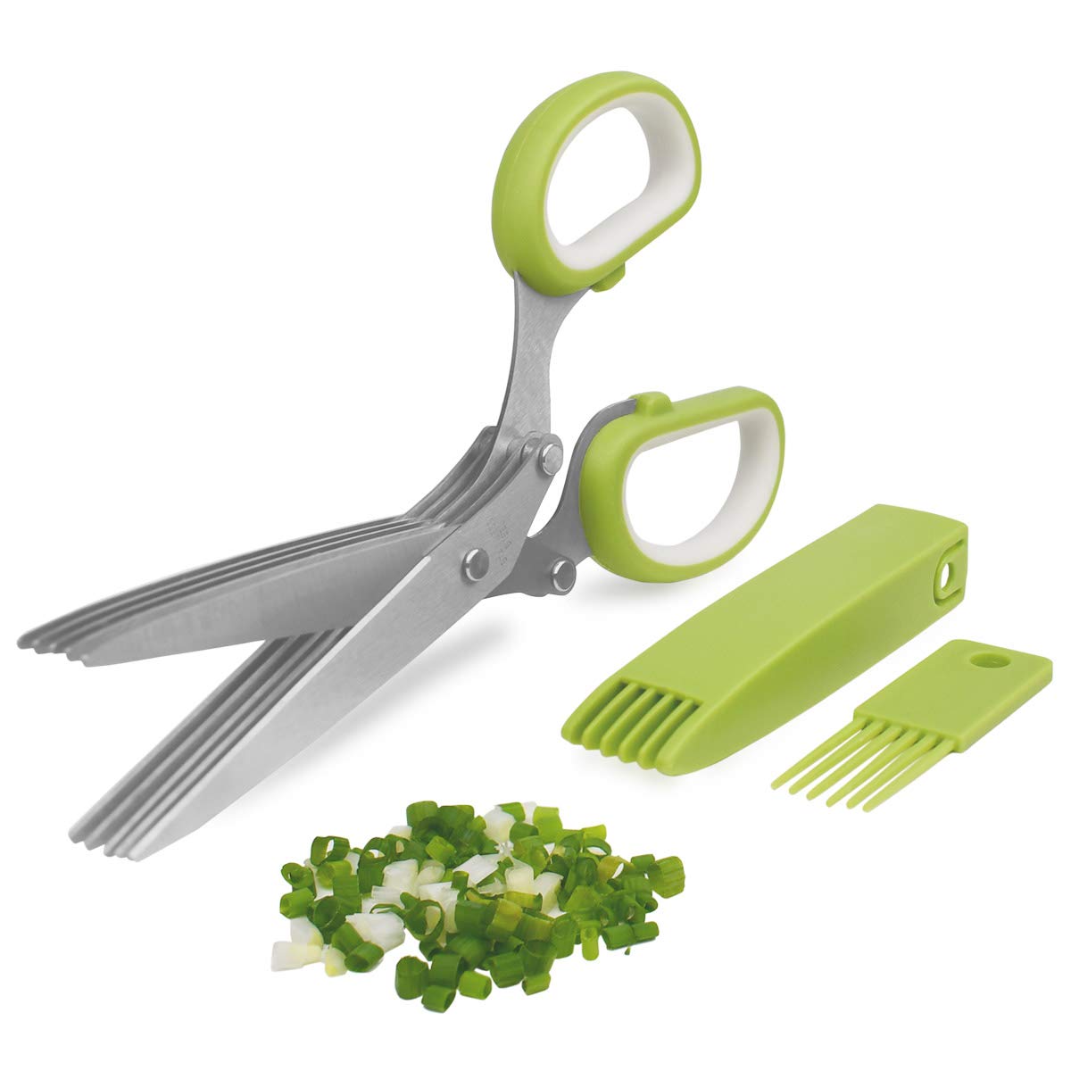 Herb Scissors Stainless Steel - Kitchen Scissors with 5 Blades - Vegetable Scissors - Chive Scissors - Herb Cutter - Kitchen Gadget - With Cleaning Comb and Protective Cover - Shredder - Kitchen Utensils - Parsley Cutter - Dishwasher Safe - Green - 1 Piec