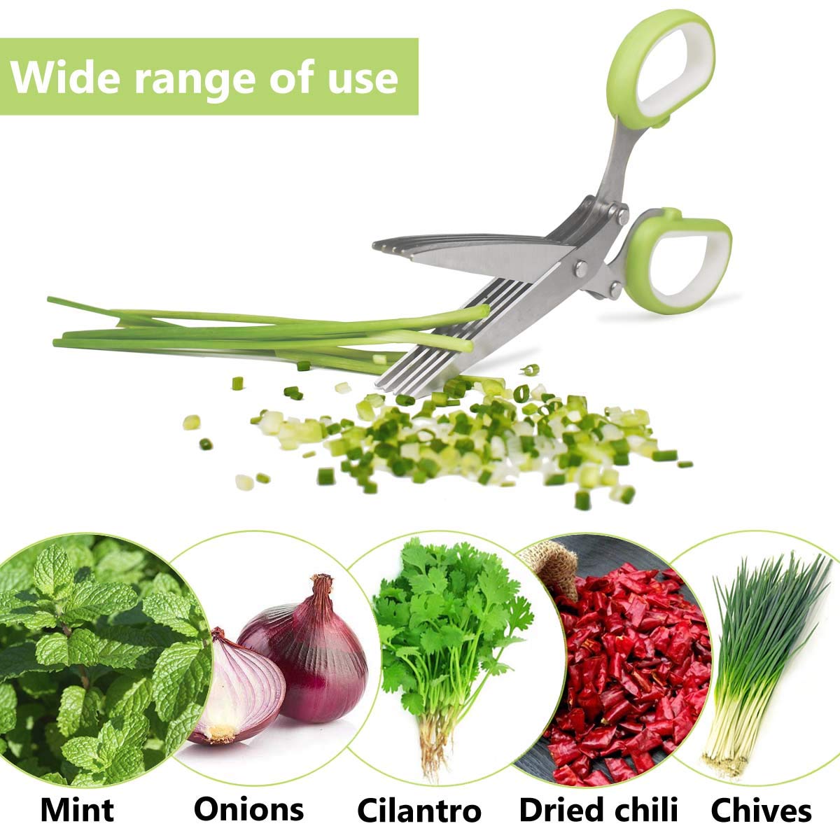 Herb Scissors Stainless Steel - Kitchen Scissors with 5 Blades - Vegetable Scissors - Chive Scissors - Herb Cutter - Kitchen Gadget - With Cleaning Comb and Protective Cover - Shredder - Kitchen Utensils - Parsley Cutter - Dishwasher Safe - Green - 1 Piec