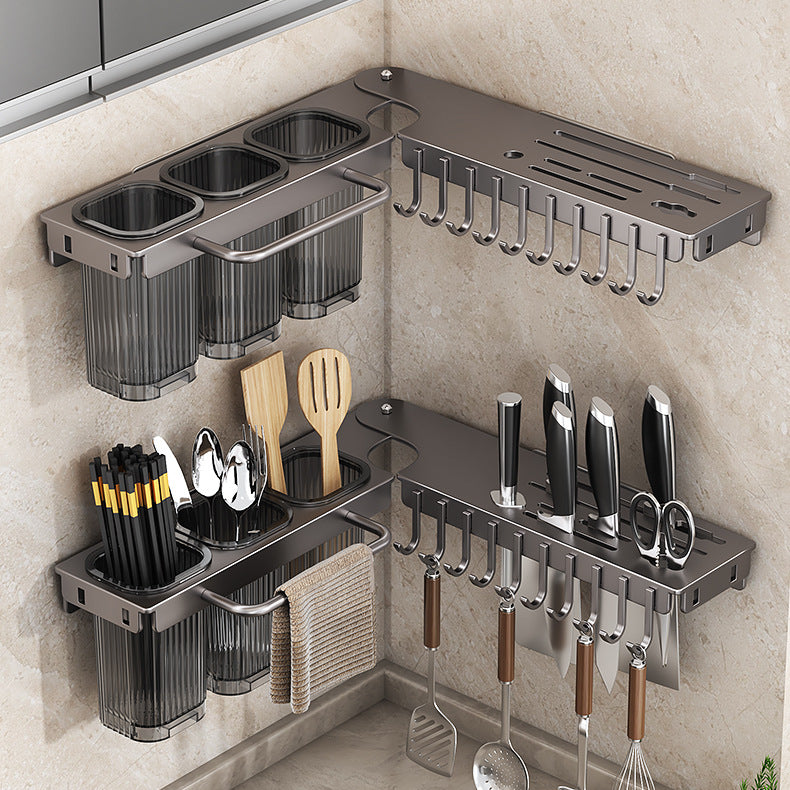 Corner Kitchen Rack - Knife Block Without Drilling - Cutlery Holder - Rotating Wall Rack - Kitchen Organizer - Utensil Holder - Hanging Hooks - Towel Rack - Spoon Holder - Spatula Holder - Countertop Storage - Multifunctional - Dark Gray - 1 Piece