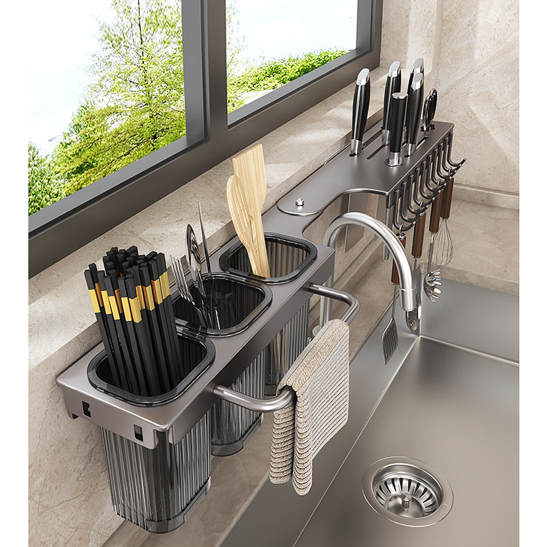 Corner Kitchen Rack - Knife Block Without Drilling - Cutlery Holder - Rotating Wall Rack - Kitchen Organizer - Utensil Holder - Hanging Hooks - Towel Rack - Spoon Holder - Spatula Holder - Countertop Storage - Multifunctional - Dark Gray - 1 Piece