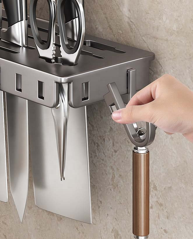 Corner Kitchen Rack - Knife Block Without Drilling - Cutlery Holder - Rotating Wall Rack - Kitchen Organizer - Utensil Holder - Hanging Hooks - Towel Rack - Spoon Holder - Spatula Holder - Countertop Storage - Multifunctional - Dark Gray - 1 Piece