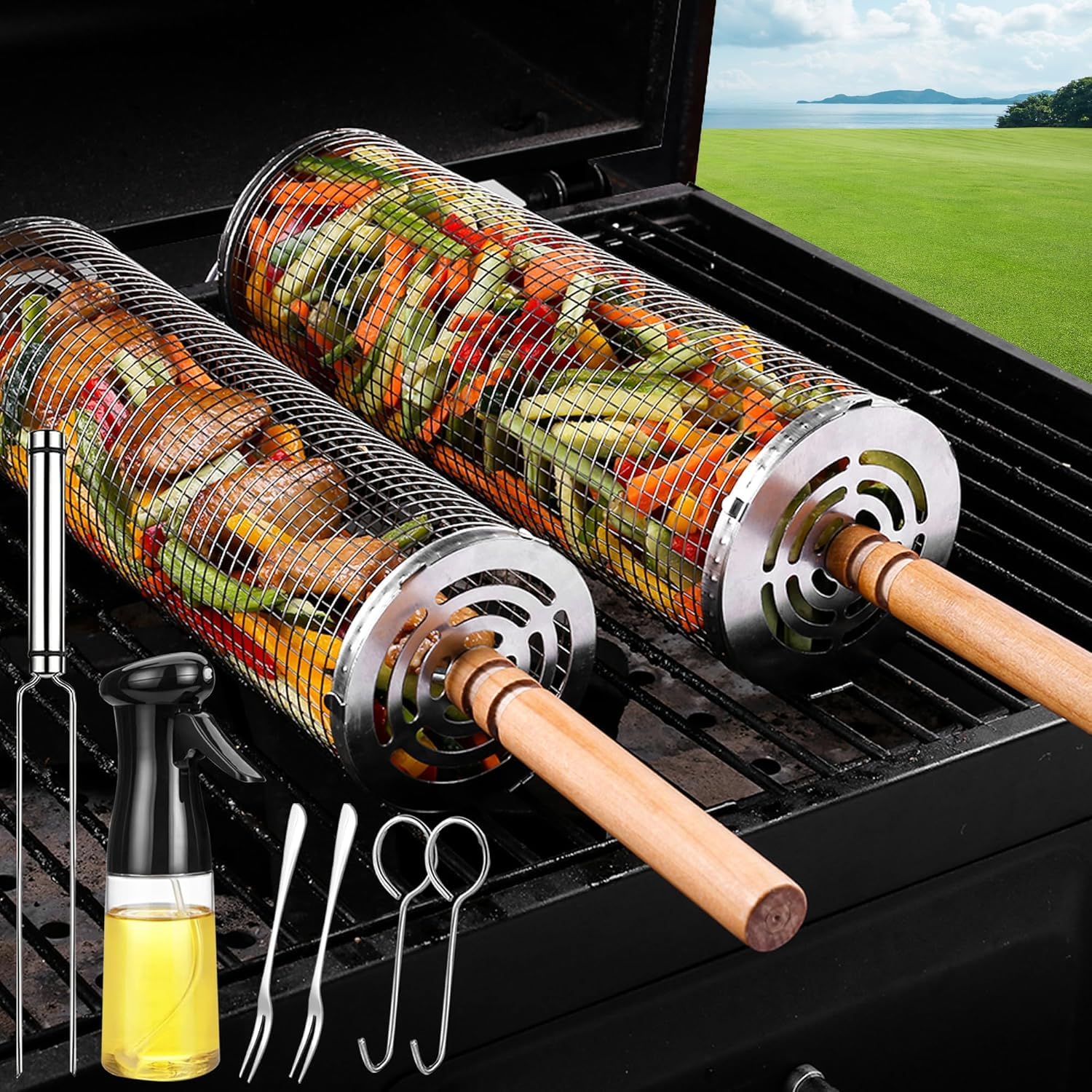 BBQ Grill Basket - Rotating Barbecue Basket - Stainless Steel Vegetable Basket - Fish Rack - Grill Basket - Barbecue Accessories - Cylinder Basket - BBQ Tool - With Oil Sprayer and Forks - Heat Resistant - Dishwasher Safe - Camping Cooking - Silver - 2 Pi