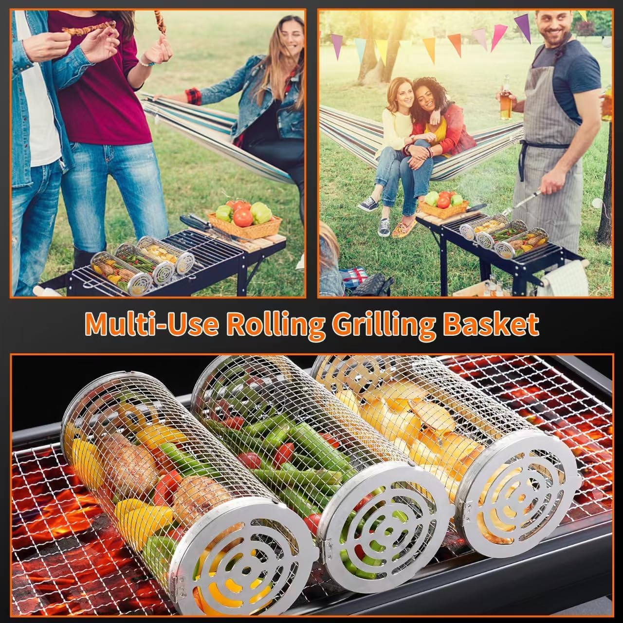 BBQ Grill Basket - Rotating Barbecue Basket - Stainless Steel Vegetable Basket - Fish Rack - Grill Basket - Barbecue Accessories - Cylinder Basket - BBQ Tool - With Oil Sprayer and Forks - Heat Resistant - Dishwasher Safe - Camping Cooking - Silver - 2 Pi