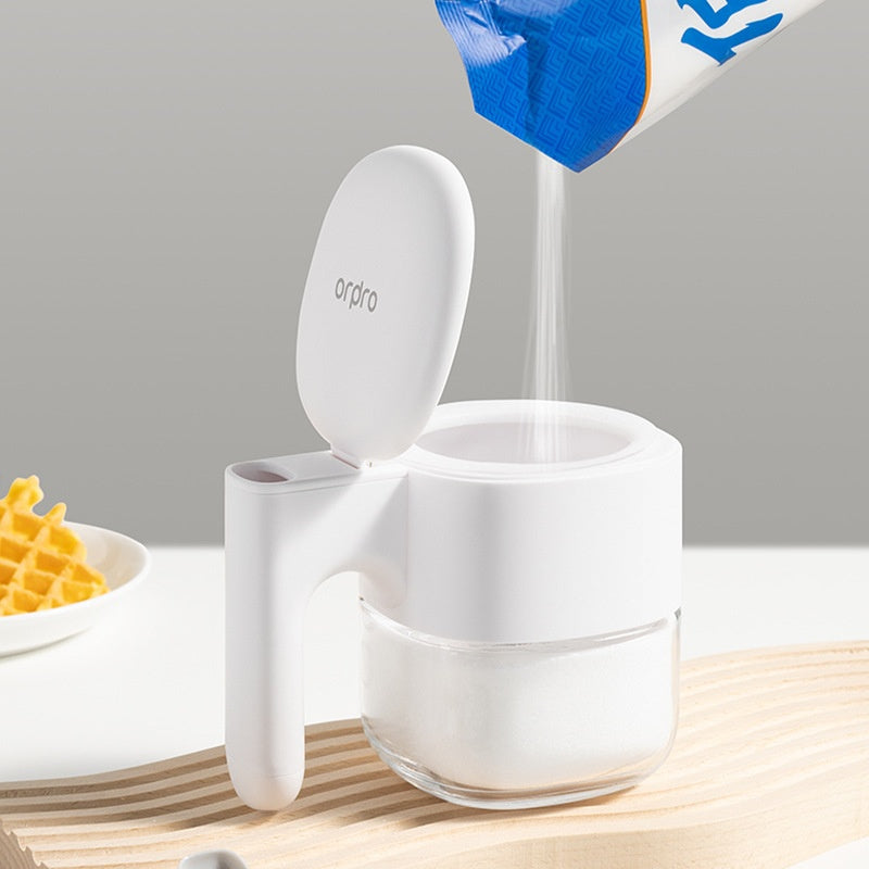 Glass Herb Jar - Spice Jar - Sugar Bowl - Salt Shaker - Storage Jar - Kitchen Organizer - Airtight - Moisture Proof - Spice Storage - Pepper Shaker - Seasoning Holder - With Handle - Refillable - Countertop Accessories - White - 1 Piece