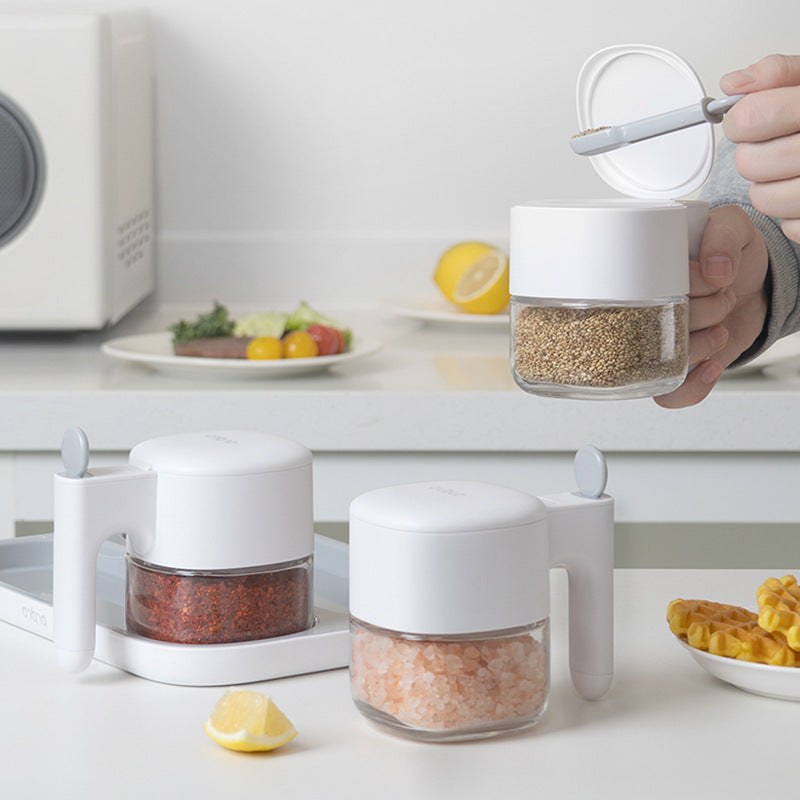 Glass Herb Jar - Spice Jar - Sugar Bowl - Salt Shaker - Storage Jar - Kitchen Organizer - Airtight - Moisture Proof - Spice Storage - Pepper Shaker - Seasoning Holder - With Handle - Refillable - Countertop Accessories - White - 1 Piece