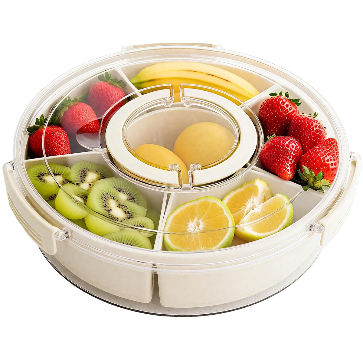 Rotating Fruit Platter—Airtight, Moisture-Proof Dried Fruit Platter—Portable Fruit Platter—Round Fruit Platter—Snack Box with Lid—Snack Box with Compartments—Fruit Platter—Snack Box—Rotating Snack Rack—Refrigerator-Safe—White—1