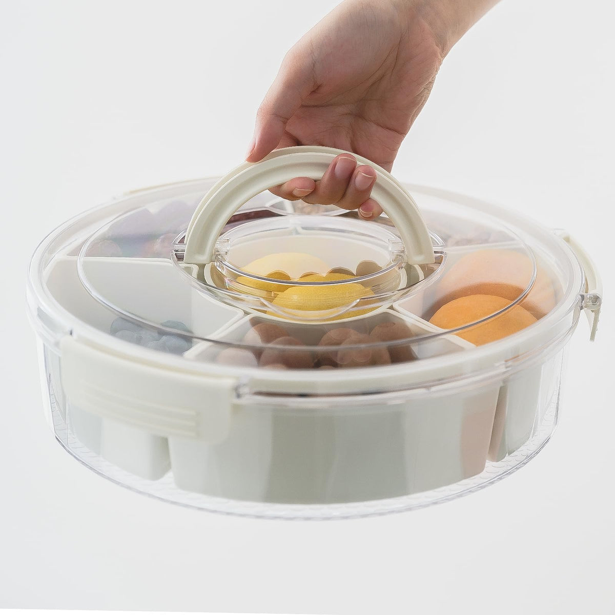 Rotating Fruit Platter—Airtight, Moisture-Proof Dried Fruit Platter—Portable Fruit Platter—Round Fruit Platter—Snack Box with Lid—Snack Box with Compartments—Fruit Platter—Snack Box—Rotating Snack Rack—Refrigerator-Safe—White—1
