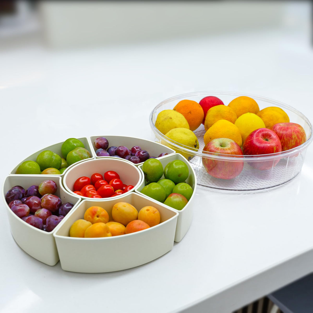 Rotating Fruit Platter—Airtight, Moisture-Proof Dried Fruit Platter—Portable Fruit Platter—Round Fruit Platter—Snack Box with Lid—Snack Box with Compartments—Fruit Platter—Snack Box—Rotating Snack Rack—Refrigerator-Safe—White—1