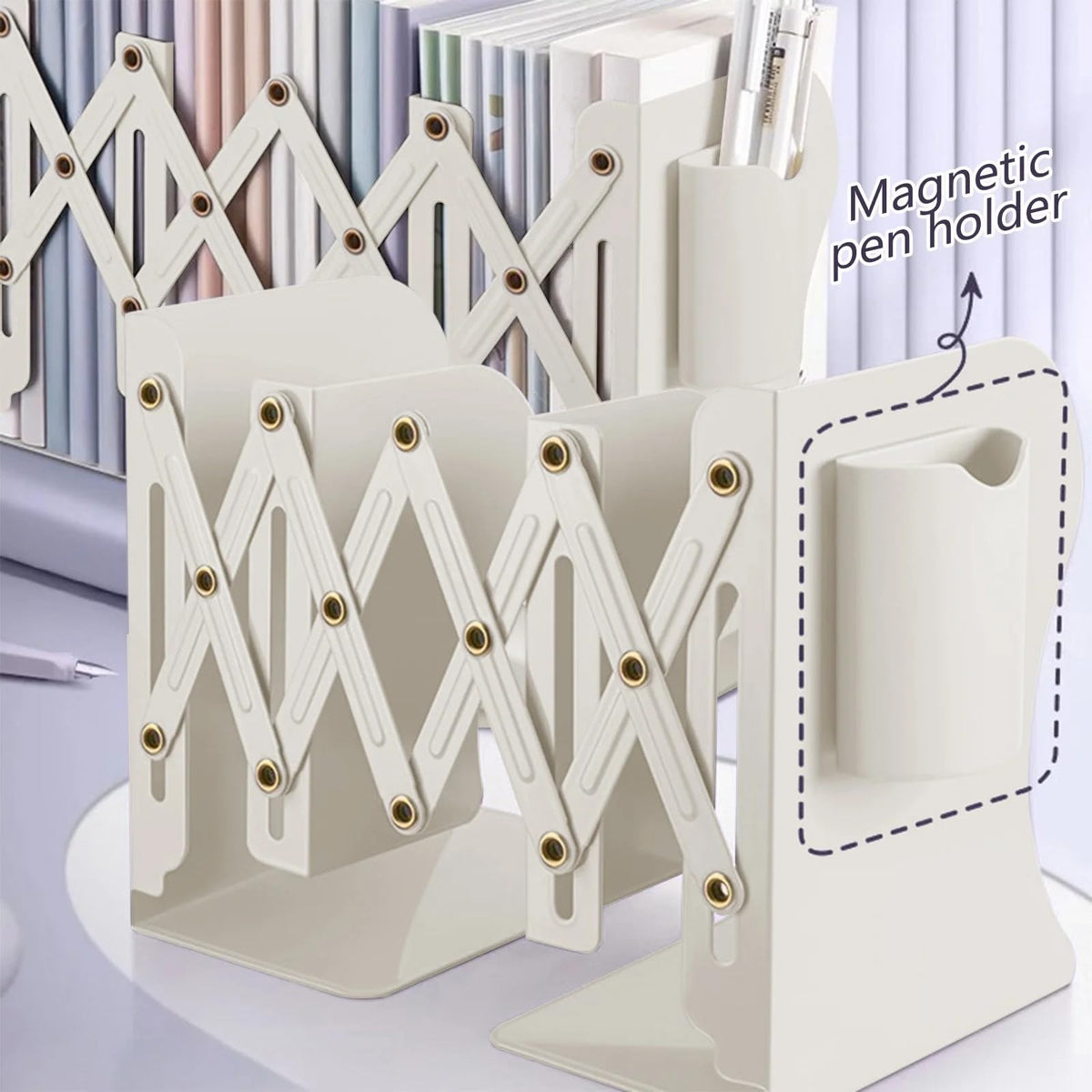 Bookend - Desk Organizer - Book Rack - Book Stand - Book Holder - Office - School Supplies - Magazine Rack - Desk Accessories - Metal Bookends - Office Supplies - Extendable - White - 1 Piece