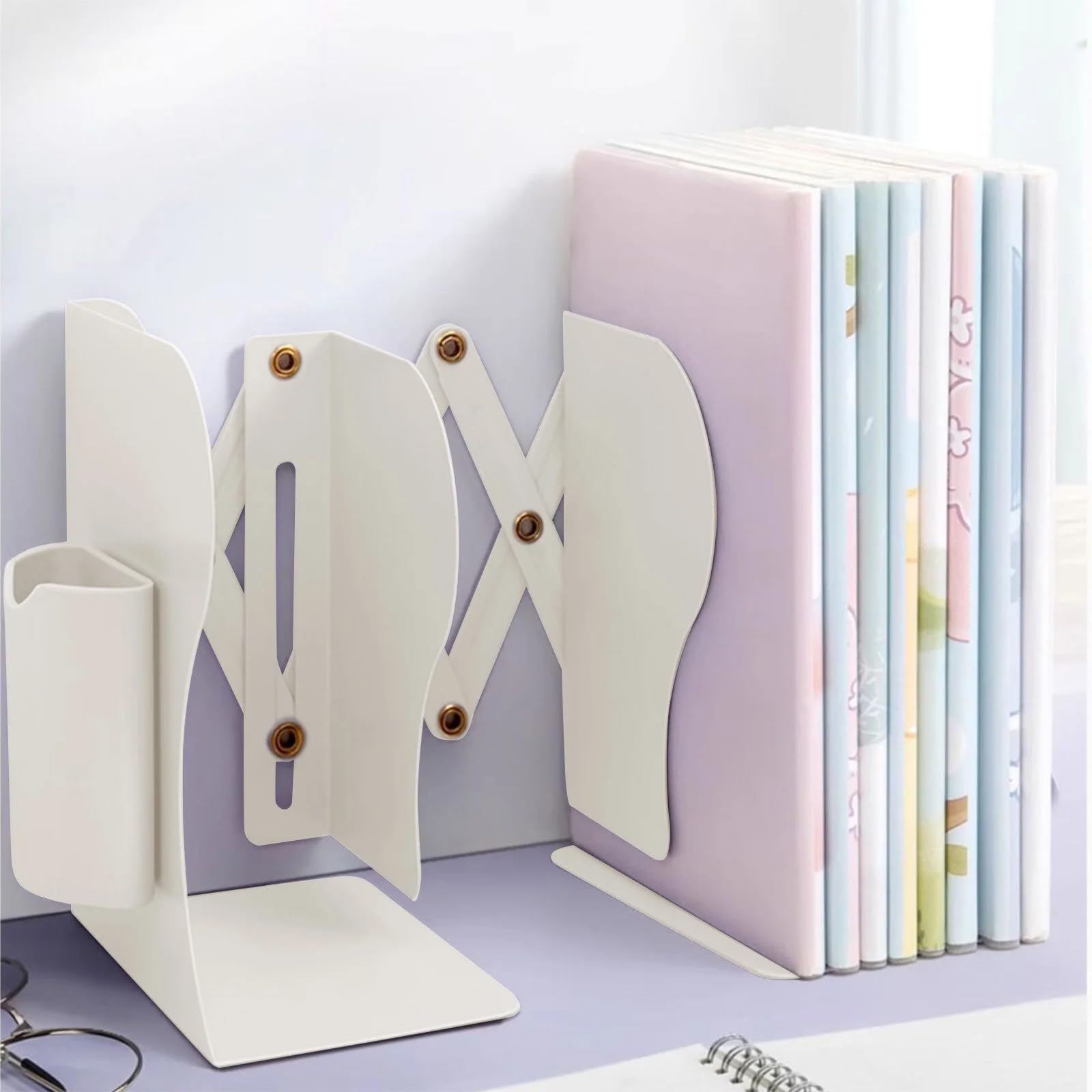 Bookend - Desk Organizer - Book Rack - Book Stand - Book Holder - Office - School Supplies - Magazine Rack - Desk Accessories - Metal Bookends - Office Supplies - Extendable - White - 1 Piece