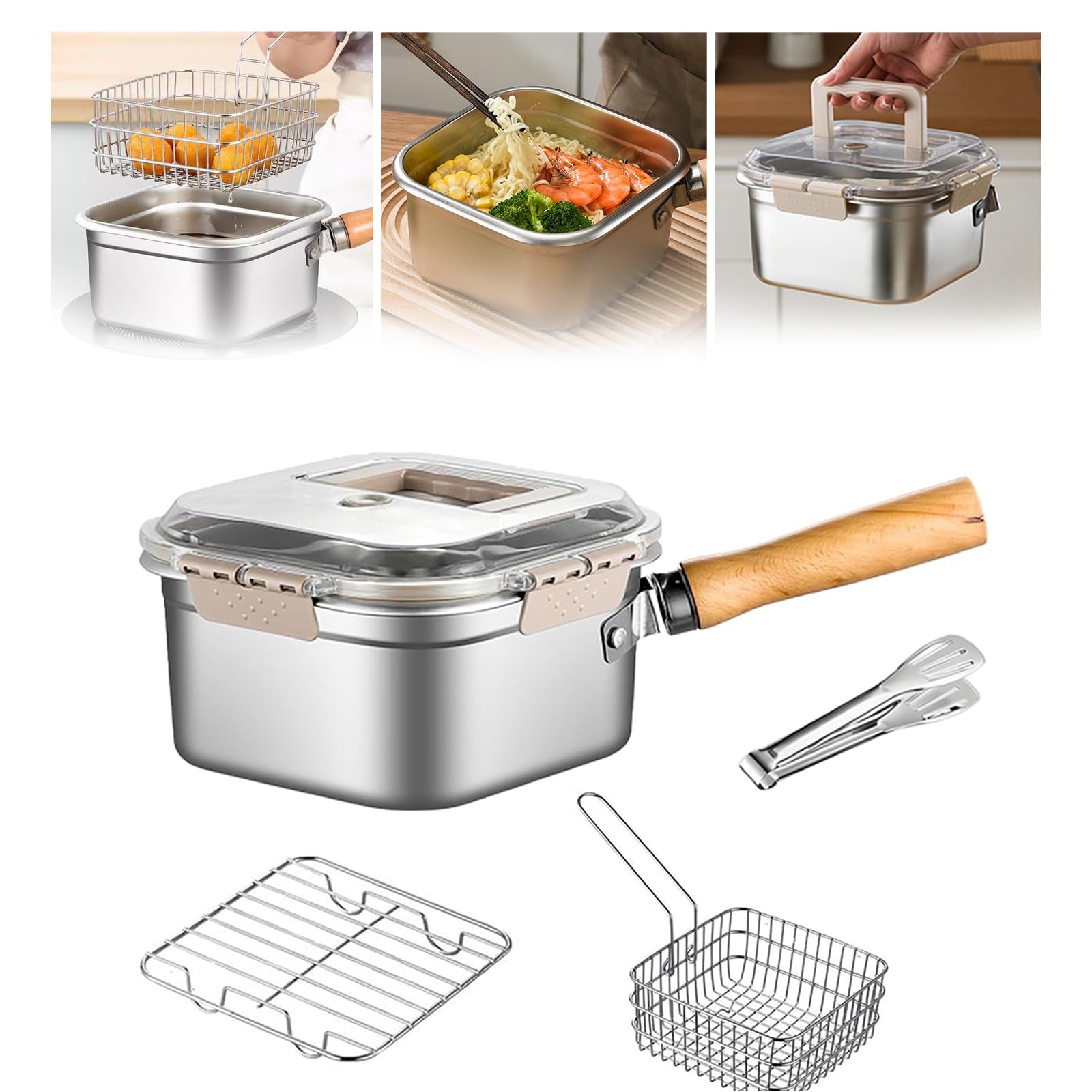 Induction Saucepan - Mini Deep Fryer - Milk Pan - Square Cooking Pot - Stainless Steel - With Frying Basket - Steaming Rack - Tongs - Glass Lid - Wooden Handle - Ramen Pan - Soup Pot - Camping Pan - 4 in 1 - Kitchen Utensils - Compact - Silver - White - 1