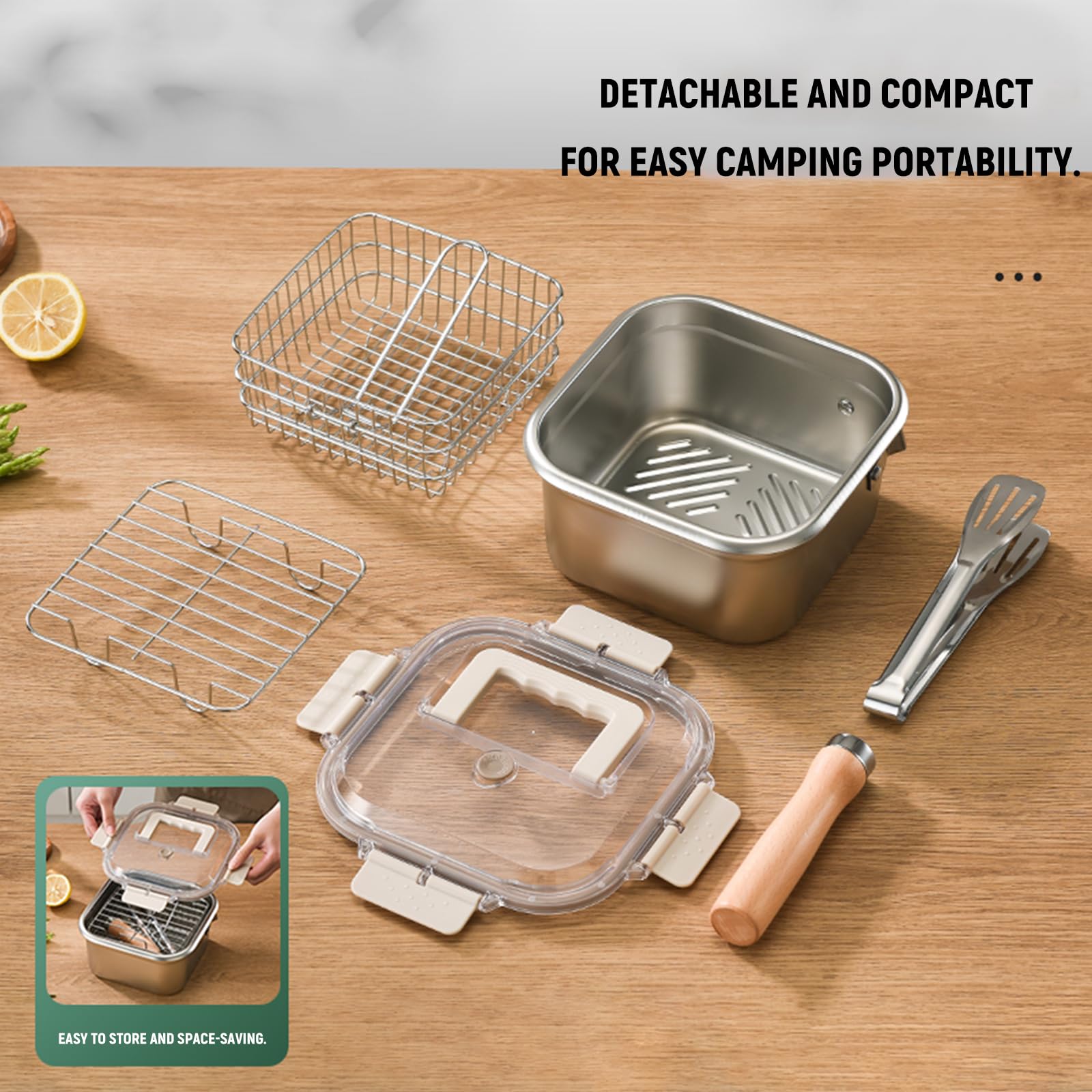 Induction Saucepan - Mini Deep Fryer - Milk Pan - Square Cooking Pot - Stainless Steel - With Frying Basket - Steaming Rack - Tongs - Glass Lid - Wooden Handle - Ramen Pan - Soup Pot - Camping Pan - 4 in 1 - Kitchen Utensils - Compact - Silver - White - 1