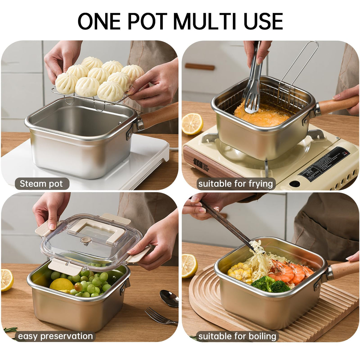 Induction Saucepan - Mini Deep Fryer - Milk Pan - Square Cooking Pot - Stainless Steel - With Frying Basket - Steaming Rack - Tongs - Glass Lid - Wooden Handle - Ramen Pan - Soup Pot - Camping Pan - 4 in 1 - Kitchen Utensils - Compact - Silver - White - 1