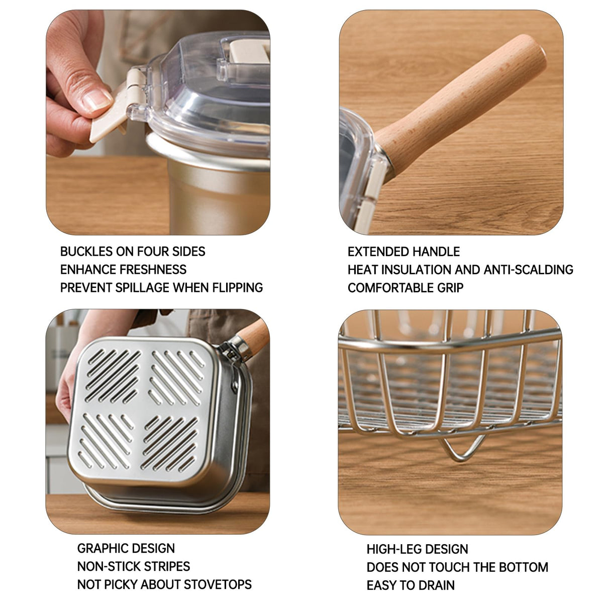 Induction Saucepan - Mini Deep Fryer - Milk Pan - Square Cooking Pot - Stainless Steel - With Frying Basket - Steaming Rack - Tongs - Glass Lid - Wooden Handle - Ramen Pan - Soup Pot - Camping Pan - 4 in 1 - Kitchen Utensils - Compact - Silver - White - 1